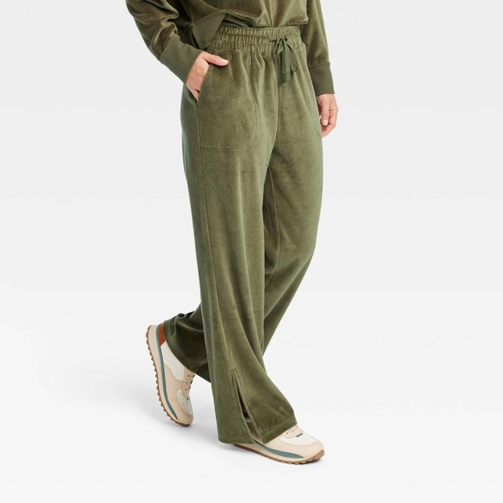 Women's Mid-rise Velour Wide Leg Pants - Joylab Olive Green
