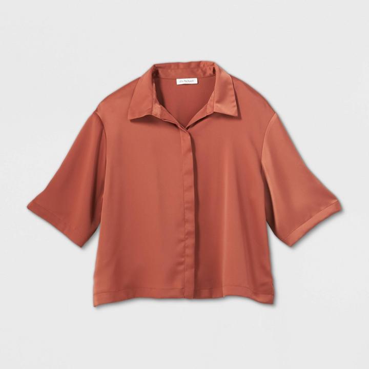 Women's Long Sleeve Silky Button-up Blouse - Prologue Brown