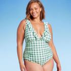 Women's Gingham Ruffle High Coverage One Piece Swimsuit - Kona Sol Green Floral Print