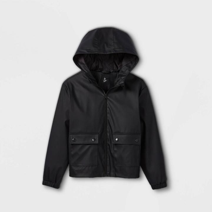 Girls' Hooded Rain Long Sleeve Jacket - Art Class Black