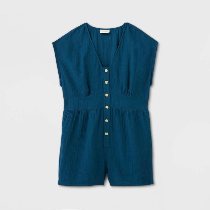 Women's Short Sleeve Kimono Button-front Romper - Universal Thread Blue