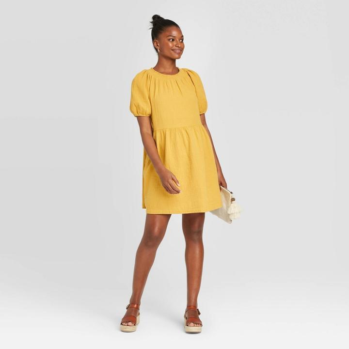 Women's Short Sleeve Crewneck Smocked Gauze Shift Dress - Universal Thread Gold