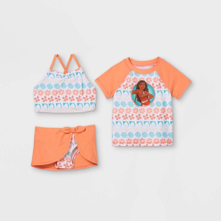 Toddler Girls' Moana Short Sleeve Rash Guard Set With Skirt - Coral