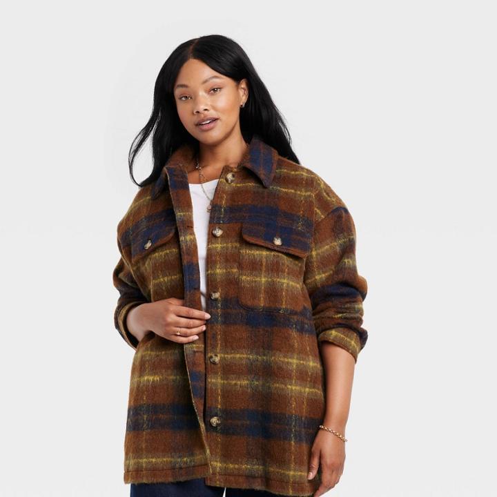 Women's Plus Size Brushed Shirt Jacket - Universal Thread Navy Blue Plaid