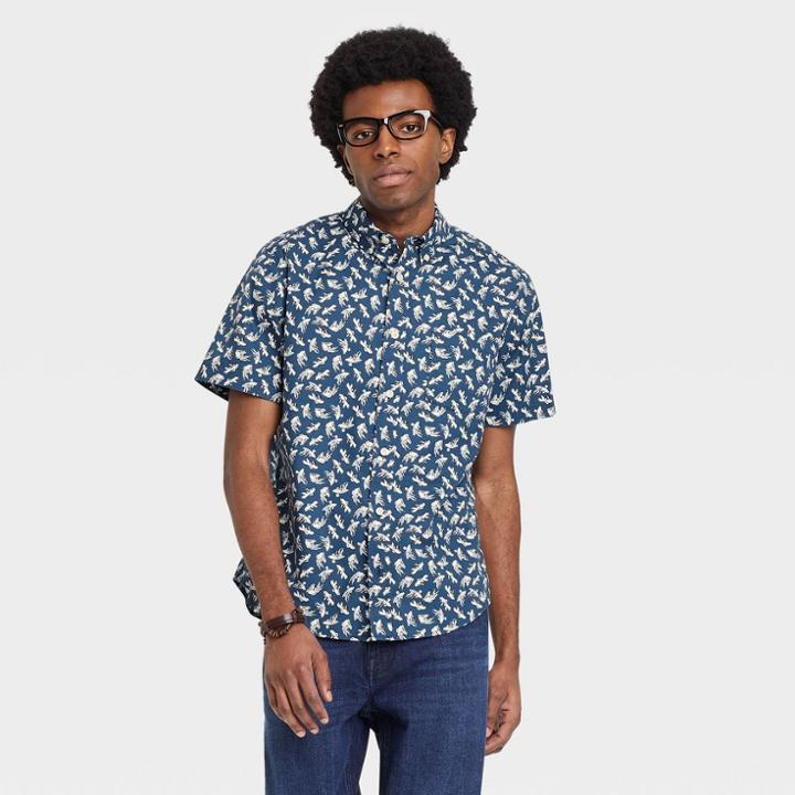 Men's Printed Standard Fit Short Sleeve Button-down Shirt - Goodfellow & Co Vibrant Blue/fish