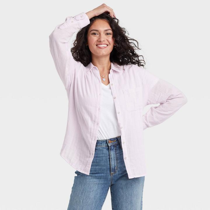 Women's Long Sleeve Relaxed Fit Gauze Button-down Shirt - Universal Thread Light Purple