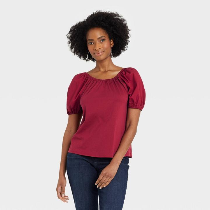 Women's Puff Short Sleeve Tie-back Top - A New Day Red