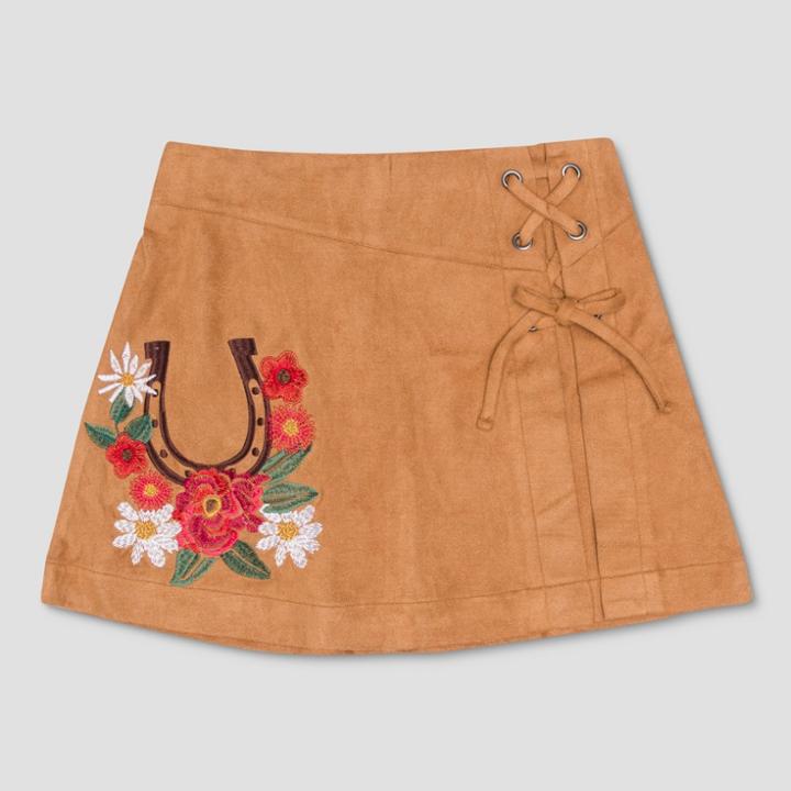 Girls' Spirit Riding Free Horseshoe Floral Faux Suede Skirt - Tan Brown