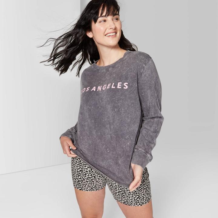 Women's Plus Size Long Sleeve Relaxed Crewneck T-shirt Los Angeles Graphic - Wild Fable Washed Black 3x, Women's,