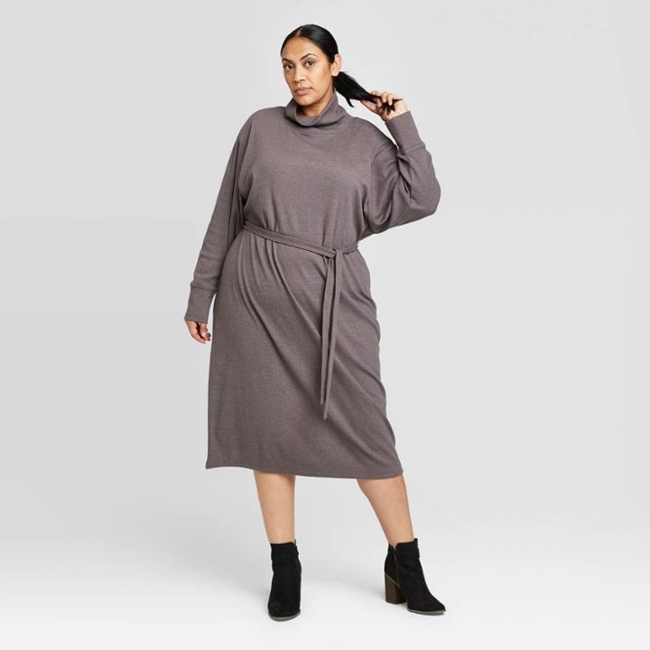 Women's Plus Size Long Sleeve Mock Turtleneck T-shirt Midi Dress - Prologue Maroon 1x, Women's,
