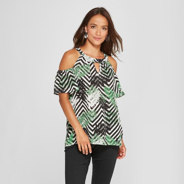 Target Women's Striped Print Short Sleeve Cold Shoulder Choker Neck Blouse - Lux Ii - White/black