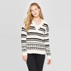 Women's Striped Long Sleeve V-neck Cable Chenille Pullover Sweater - Universal Thread Black/white