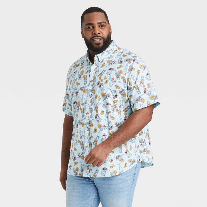 Men's Tall Printed Standard Fit Short Sleeve Button-down Shirt - Goodfellow & Co Aqua Blue/drinks
