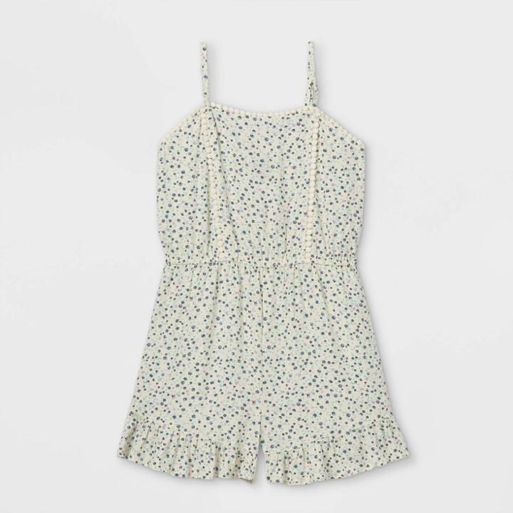 Girls' Challis Ruffle Bottom Sleeveless Romper - Art Class Off-white