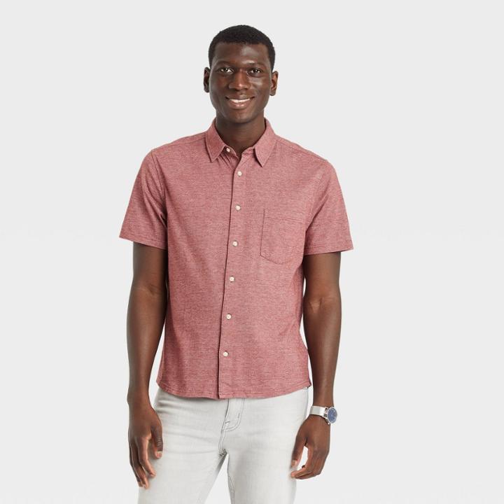 Men's Striped Standard Fit Short Sleeve Button-down Shirt - Goodfellow & Co Cherry Red/striped