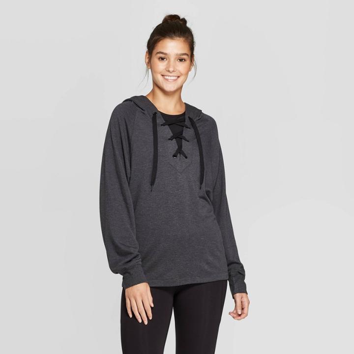 Women's Cozy Lace-up Hooded Sweatshirt - Joylab Charcoal Heather