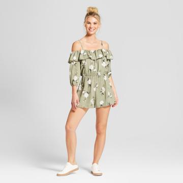 Women's Ruffle Off The Shoulder Floral Romper - Lily Star (juniors') Brown