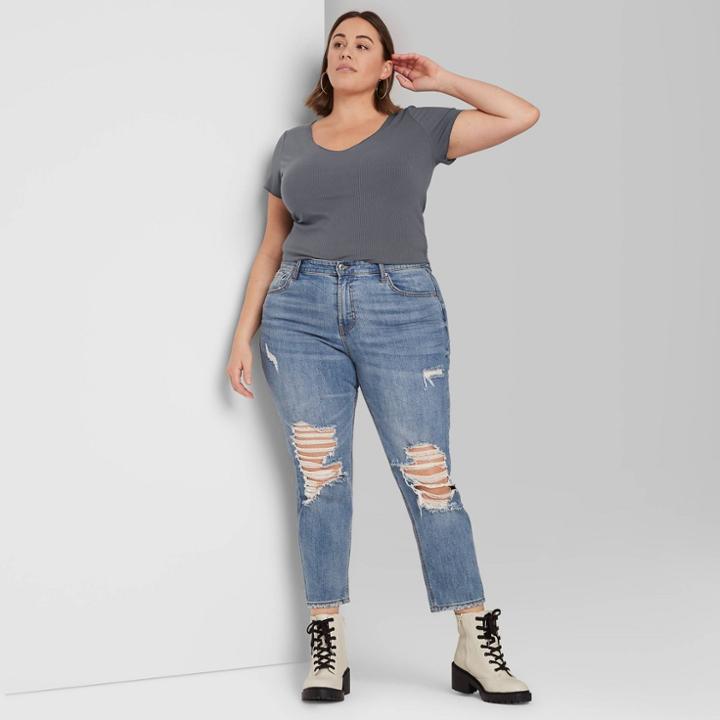 Women's Plus Size Short Sleeve V-neck Baby T-shirt - Wild Fable Gray