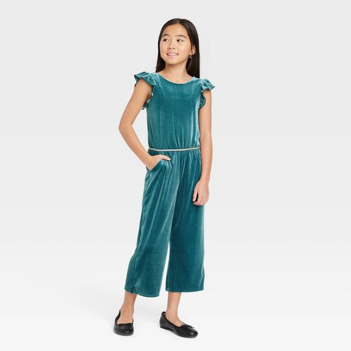 Girls' Flutter Sleeve Velour Jumpsuit - Cat & Jack Dark Green