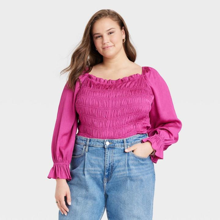 Women's Plus Size Puff Long Sleeve Slim Fit Smocked Top - A New Day Magenta