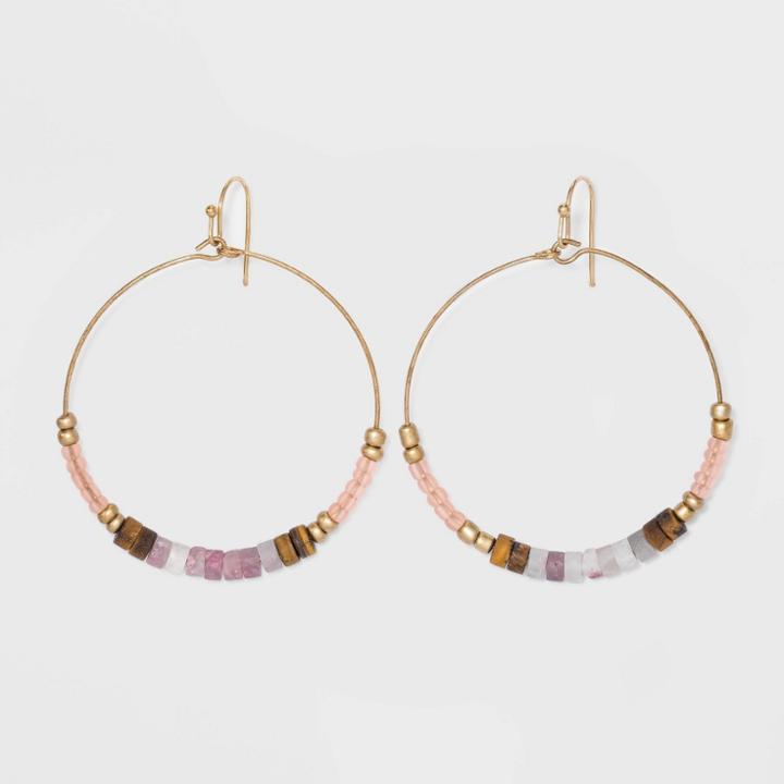 Semi-precious Tiger Eye And Lilac Lepidolite With Worn Gold Drop Earrings - Universal Thread Brown/lilac, Brown/purple