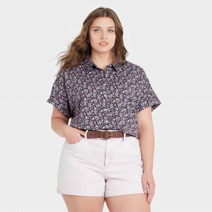 Women's Plus Size Floral Print Dolman Short Sleeve Button-down Shirt - Universal Thread Navy