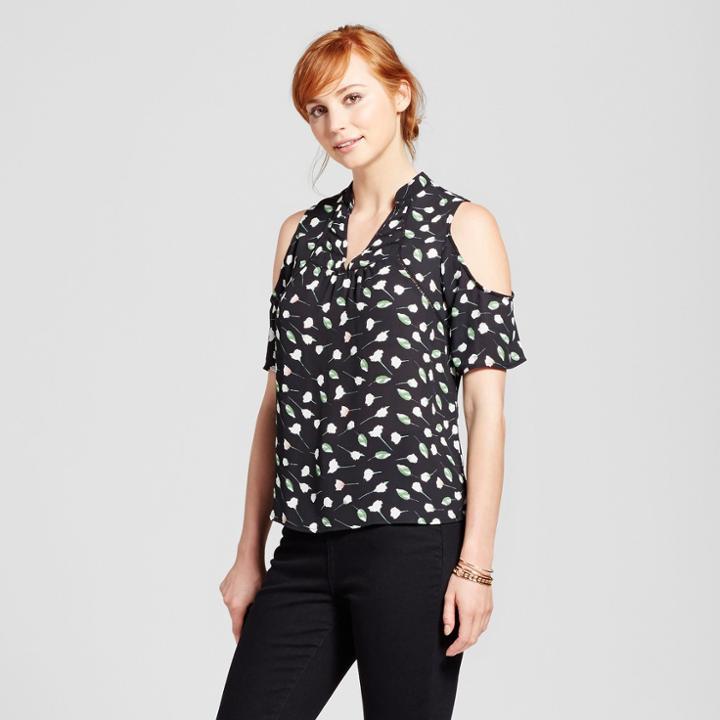 Women's Printed Cold Shoulder Top - Layered With Love Black L, Black Green White