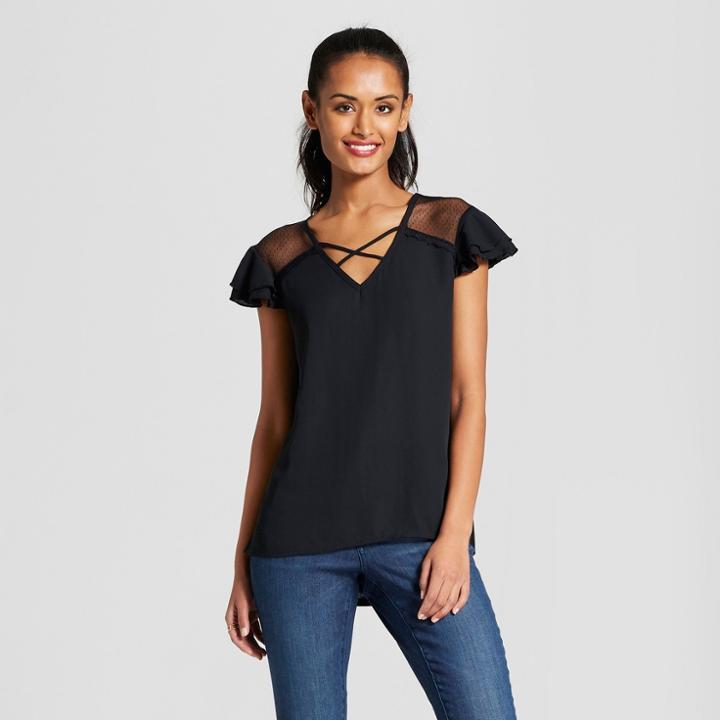 Women's Cross Front Ruffle Sleeve Top - 3hearts (juniors') Black