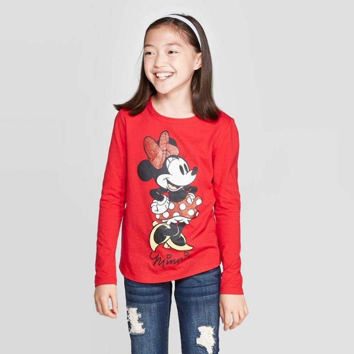 Mickey Mouse & Friends Girls' Minnie Mouse Classic Stance Long Sleeve T-shirt - Red