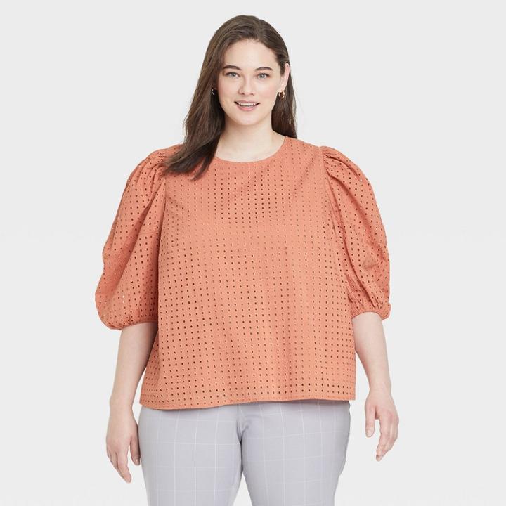 Women's Plus Size Short Puff Sleeve Eyelet Top - A New Day Blush