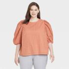 Women's Plus Size Short Puff Sleeve Eyelet Top - A New Day Blush