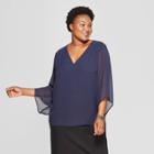 Women's Plus Size Gathered Long Sleeve Blouse - Ava & Viv Navy (blue)