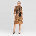 Women's Animal Print 3/4 Sleeve High Neck Intarsia Sweater Midi Dress - Who What Wear Tan