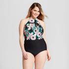 Plus Size Sea Angel Women's Plus Floral High Neck One Piece - Black