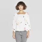 Women's Long Sleeve Floral Print Square Neck Blouse - A New Day White