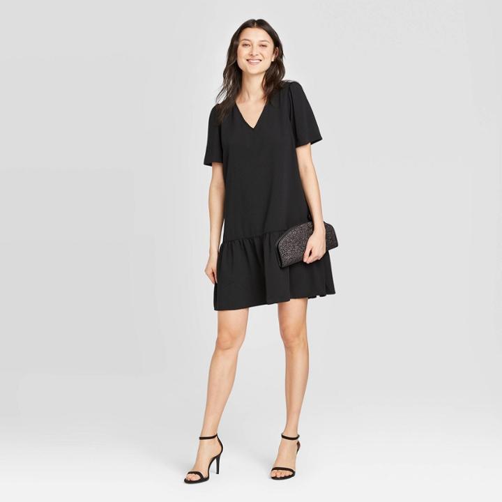 Women's Short Sleeve Ruffle Hem Dress - A New Day Black