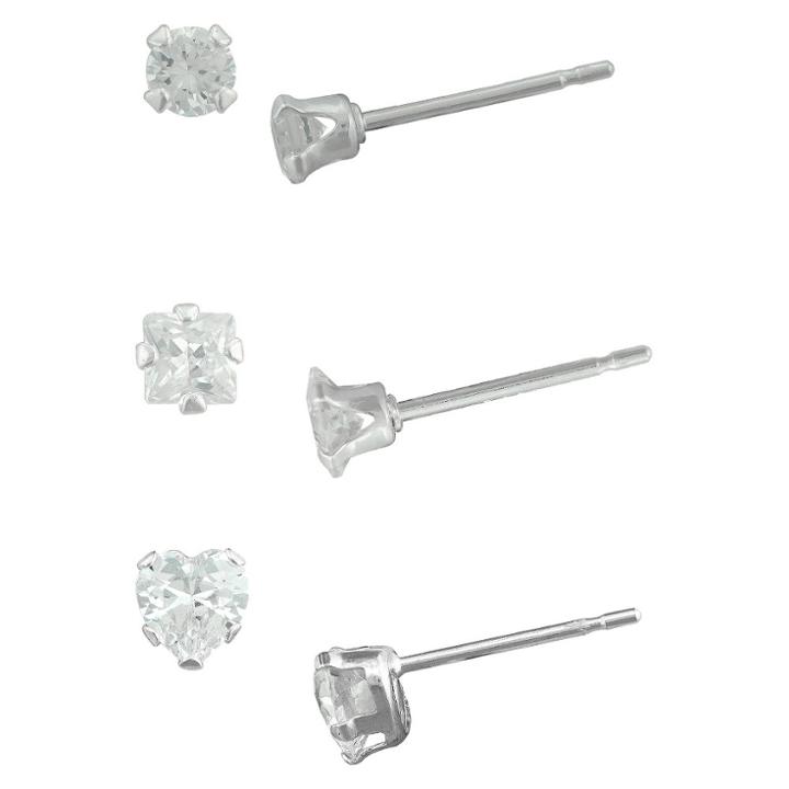 Target Girls' Sterling Silver 3 Pr Cubic Zirconia-round/square/heart Stud Earring Set-clear-3mm/4mm