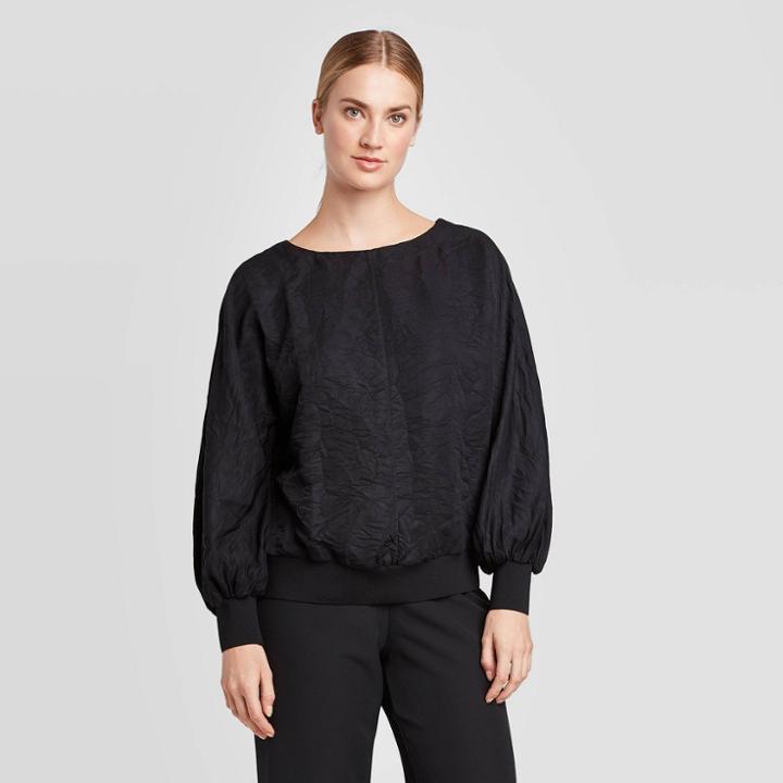 Women's Textured Blouson Long Sleeve Crewneck Blouse - Prologue Black