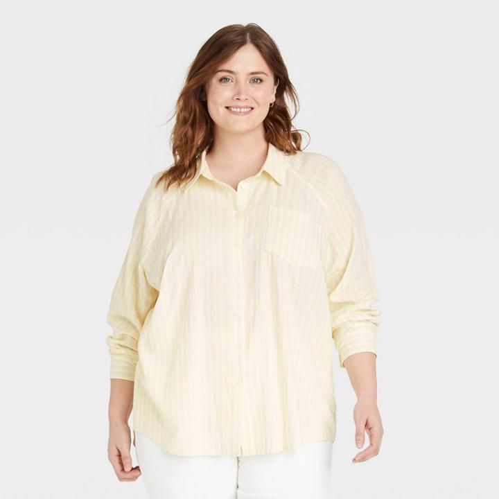 Women's Plus Size Long Sleeve Boyfriend Fit Linen Button-down Shirt - Universal Thread Yellow