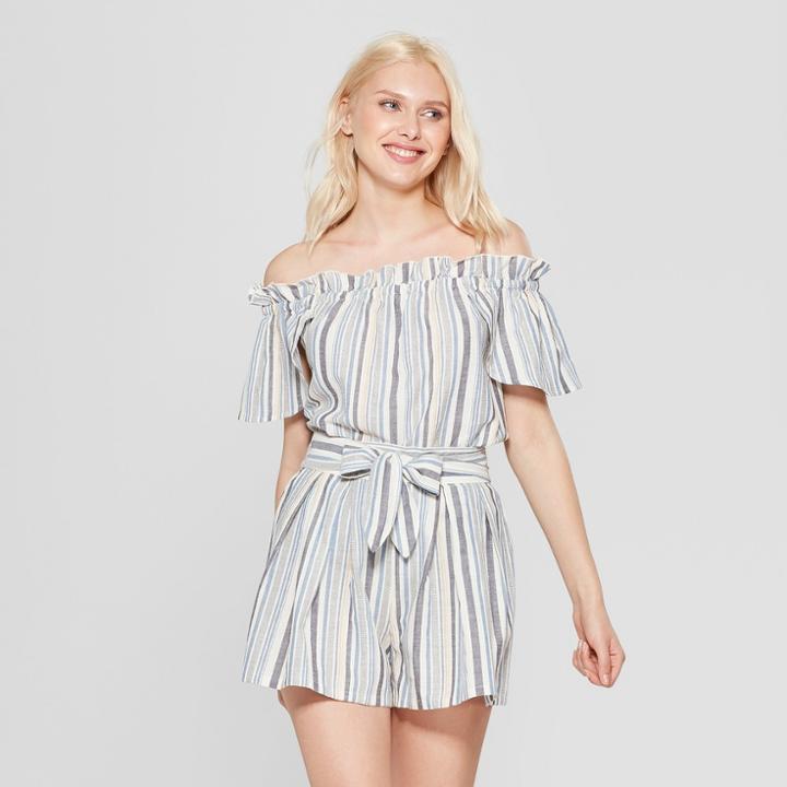 Women's Striped Short Sleeve Off The Shoulder Top - A New Day White/green