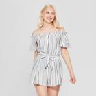 Women's Striped Short Sleeve Off The Shoulder Top - A New Day White/green