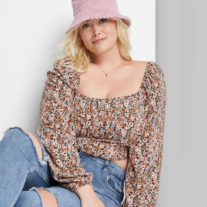 Women's Plus Size Puff Long Sleeve Bustier Top - Wild Fable Brown Floral