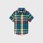 Toddler Boys' Short Sleeve Woven Plaid Button-down Shirt - Cat & Jack Blue