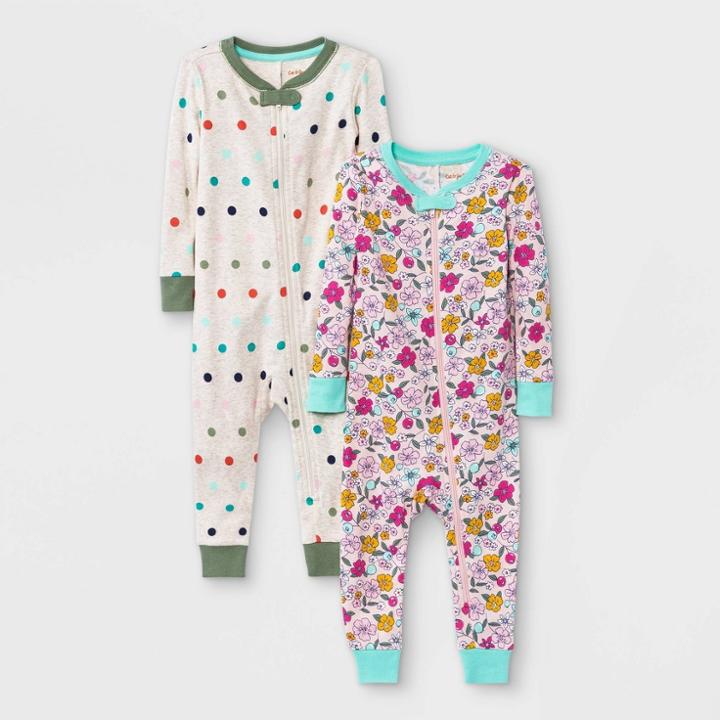 Baby Girls' 2pk Floral Snug Fit Pajama Romper - Cat & Jack Oatmeal Heather