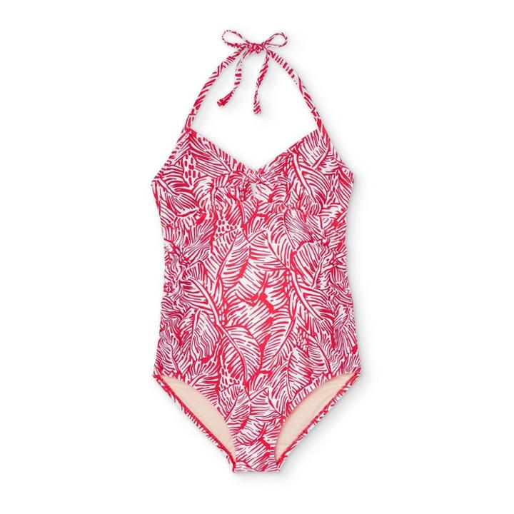 Maternity Printed Front-tie With Peephole One Piece Swimsuit - Isabel Maternity By Ingrid & Isabel Red
