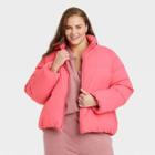 Women's Plus Size Short Matte Puffer Jacket - A New Day Pink