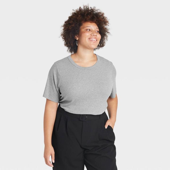 Women's Plus Size Short Sleeve Ribbed T-shirt - A New Day Heather Gray