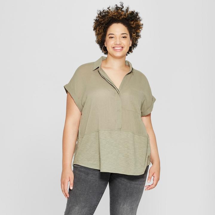 Women's Plus Size Short Sleeve Knit Camp Shirt - Universal Thread Olive (green) X