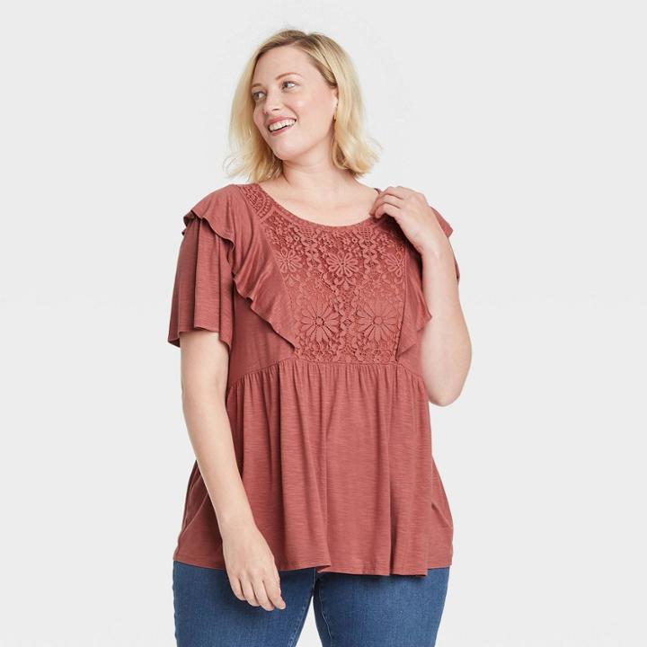 Women's Plus Size Flutter Short Sleeve Blouse - Knox Rose Coral