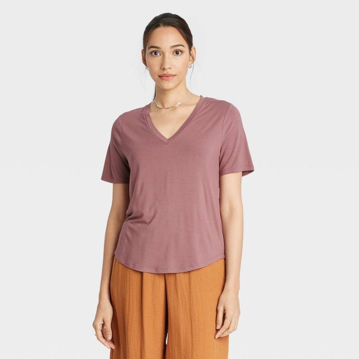 Women's Short Sleeve V-neck Drapey T-shirt - A New Day Mauve